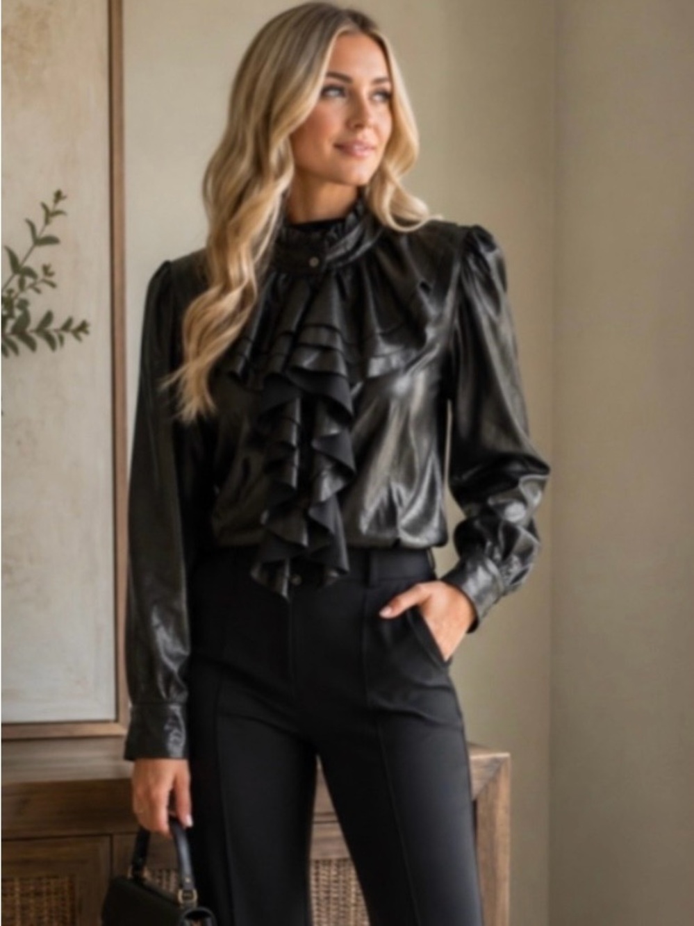 Lola & Sophie Black Ruffled Satin Blouse